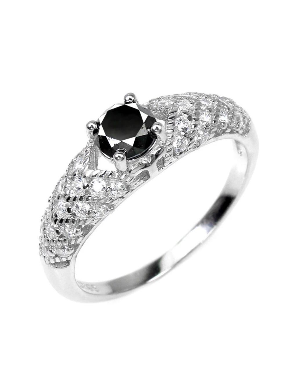 Genuine .61CT Black Diamond & White Topaz 14K Gold over 925 Sterling Ring size 7